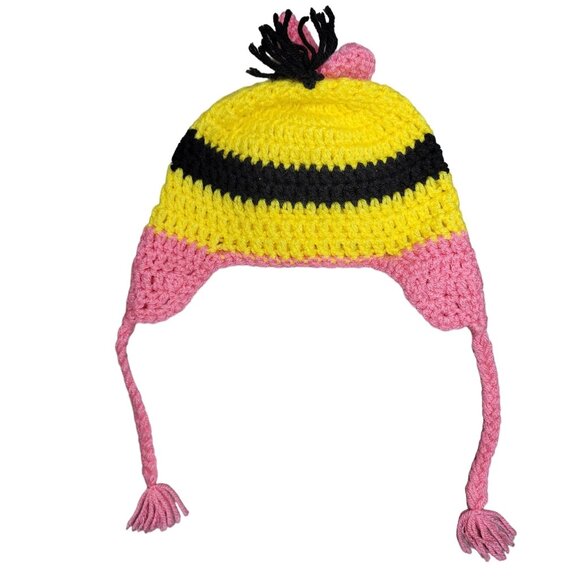 Handmade Crochet Minion Winter Hat With Pink Accents - Kids Size girls - Picture 2 of 2